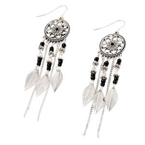 Silver Flower Beaded Dreamcatcher 3" Drop Earrings - NWT